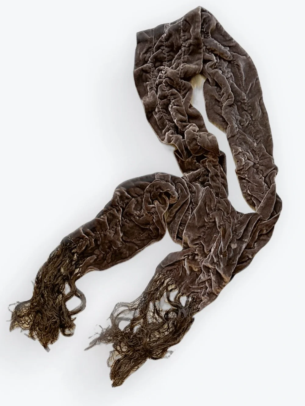 Dark Academia Moody 90s Grunge Chocolate Velvet Ruched Fringed Long Thin Scarf